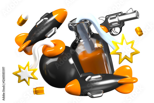 Military concept in 3D style. Various types of weapons and ammunition