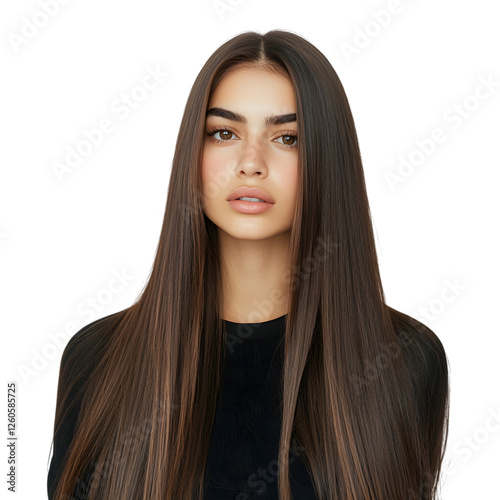 young woman with shiny stylish hair on transparent background