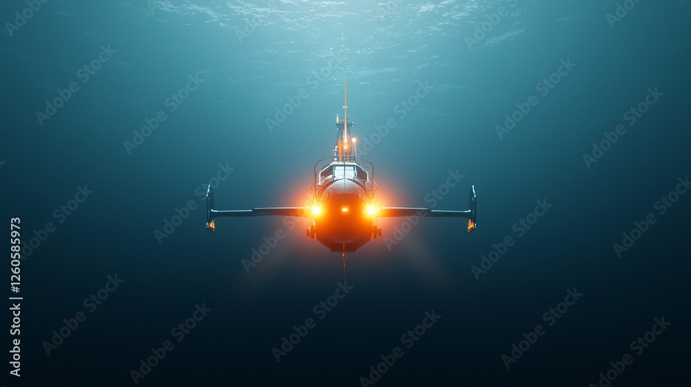 Fototapeta premium Submarine Exploration Underwater Scene with Navigation Lights