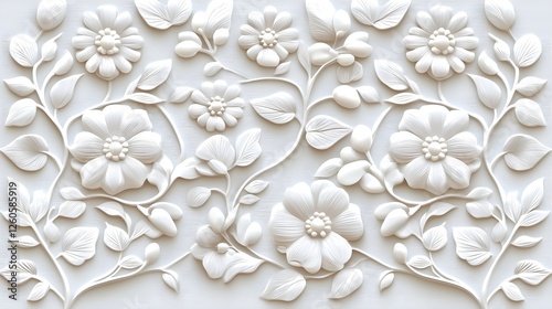 Ornate white floral relief design featuring intricate flowers and leaves on a textured background.