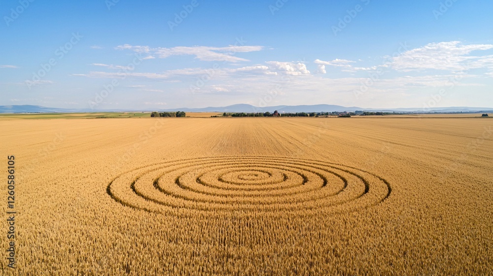 Circular Crop Pattern in Golden Wheat Field Under Blue Sky Circular Crop Pattern in Golden Wheat Field Under Blue Sky