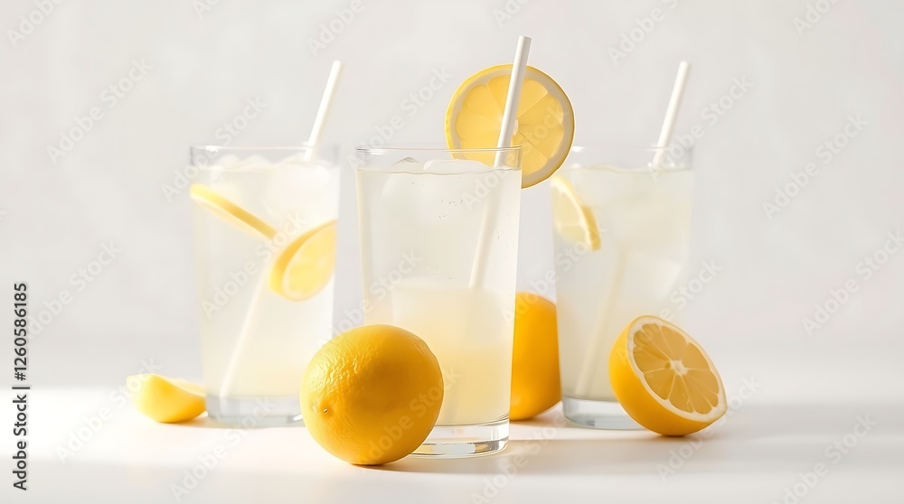 Set of different lemonade drinks made with soda water on white background Set of different lemonade drinks made with soda water on white background