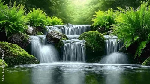 Serene forest waterfall cascading over moss-covered rocks