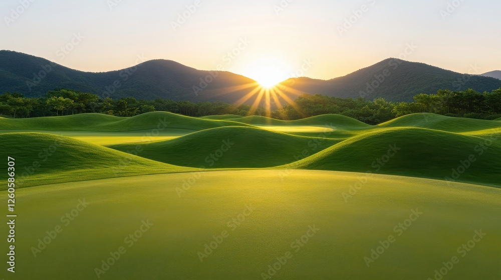 A serene sunrise over lush green hills, casting a warm glow across a beautifully manicured golf course with distant mountains. A serene sunrise over lush green hills, casting a warm glow across a beautifully manicured golf course with distant mountains.