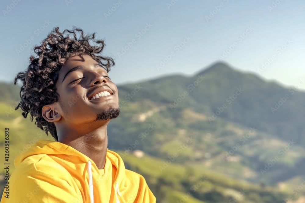 Find serenity with this stunning image featuring a Black woman breathing deeply outdoors amidst a majestic mountain range and a vibrant blue sky Embrace the yoga and wellness concept as she finds Find serenity with this stunning image featuring a Black woman breathing deeply outdoors amidst a majestic mountain range and a vibrant blue sky Embrace the yoga and wellness concept as she finds