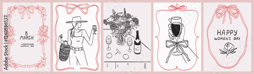 Happy Women's Day celebration card or poster, placard. March 8 in doodle ink line art style. Greeting cards for wedding, birthday and holiday. Vector illustration of date, woman and bouquet of flowers