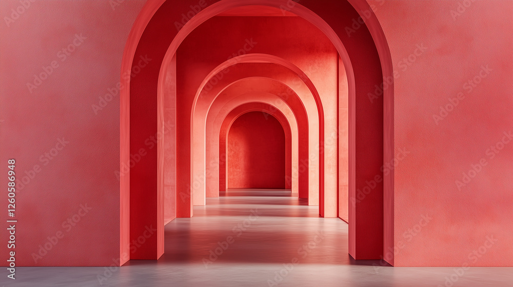 Fototapeta premium A 3D-rendered architectural hallway features a series of arches and columns, creating a minimalist and modern geometric space.
