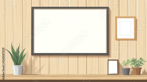 Scandinavian style blank frame mockup with plant pots on wooden shelf