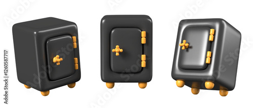 Realistic black safe in different positions. Vector closed cabinet for valuables, documents, money. Isolated template for security service concepts. Hotel equipment