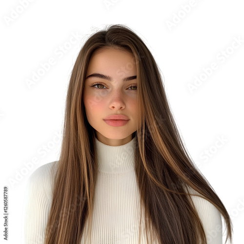 young woman with shiny stylish hair on transparent background