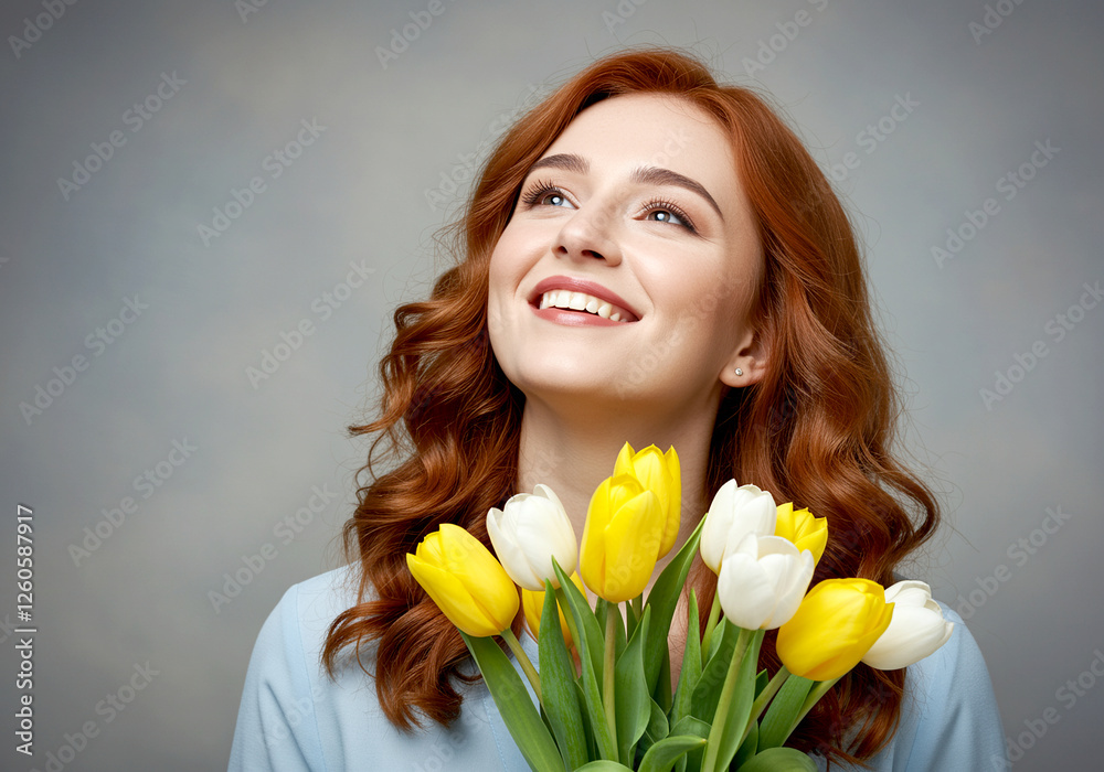 Woman holding tulips with a joyful smile in a portrait setting Woman holding tulips with a joyful smile in a portrait setting