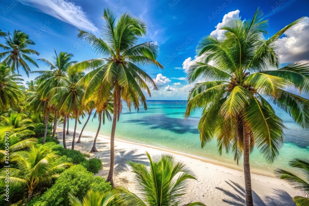 Serene Tropical Beach Paradise: Palm Trees, Azure Sky, White Sand Serene Tropical Beach Paradise: Palm Trees, Azure Sky, White Sand