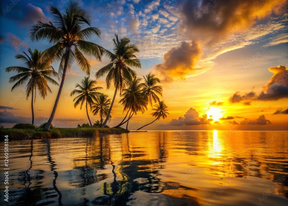 Serene Tropical Sunset: Calm Ocean, Palm Trees, Golden Hour Serene Tropical Sunset: Calm Ocean, Palm Trees, Golden Hour