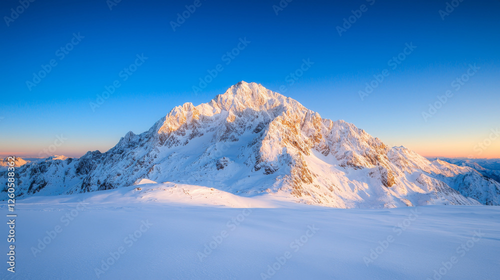 Snow-covered mountain peak at dawn with clear blue skies Snow-covered mountain peak at dawn with clear blue skies