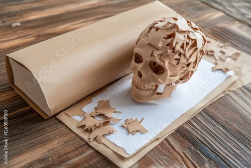 Unpacking Negative Thoughts A Cognitive Behavioral Therapy CBT Concept Visualized, See how breaking down a 'skull' of destructive thinking, illustrated through fragmented cardboard, represents photo