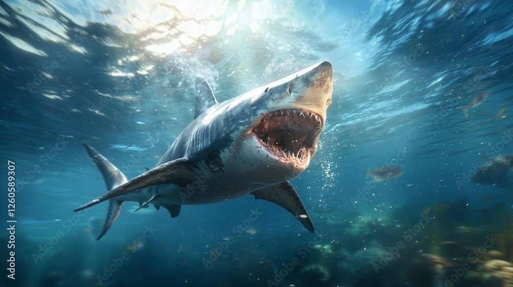 Obraz premium Powerful Great White Shark Swimming Underwater in Ocean Waters