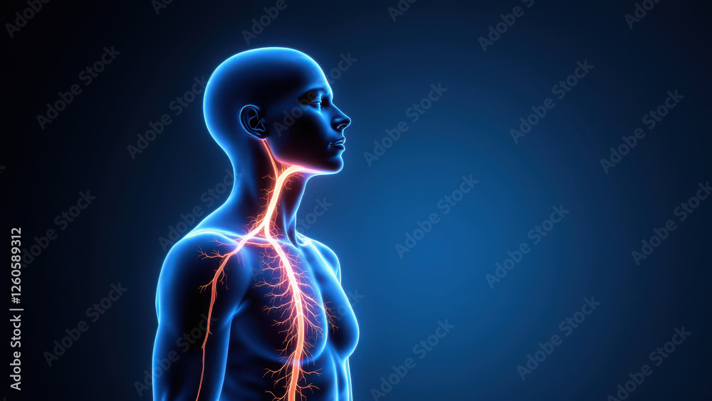 Illustration of a human with highlighted internal organs and nerves, emphasizing VNS or vagus nerve stimulation. Illustration of a human with highlighted internal organs and nerves, emphasizing VNS or vagus nerve stimulation.
