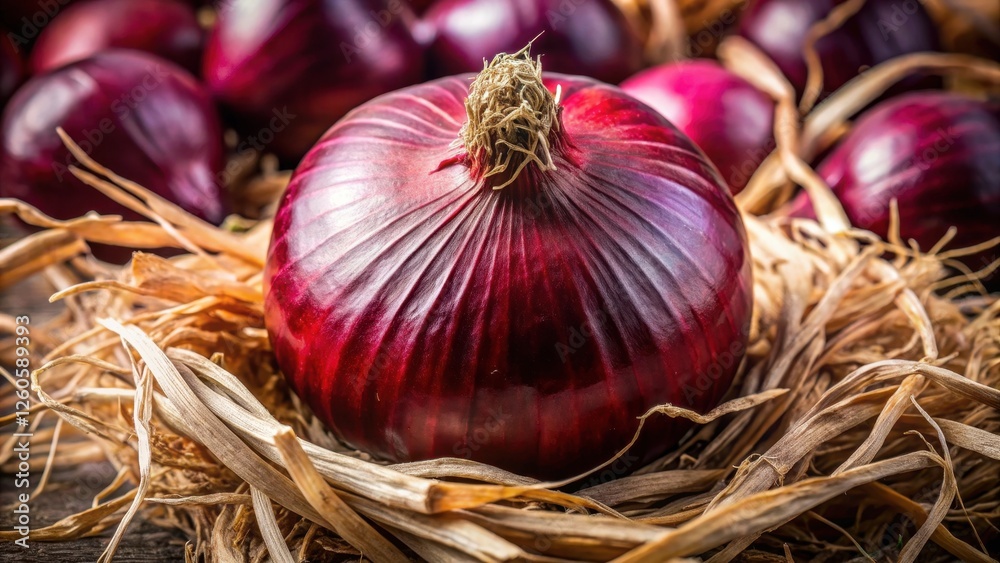 Close-up shot of a freshly picked red onion bulb with its papery skin and white inner flesh visible , produce Close-up shot of a freshly picked red onion bulb with its papery skin and white inner flesh visible , produce