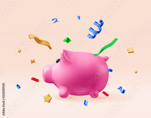 3D piggy bank in colorful confetti. Render plastic piggy bank for money. Moneybox in form of pig. Concept of cash money, business deposit investment, financial savings. Vector illustration