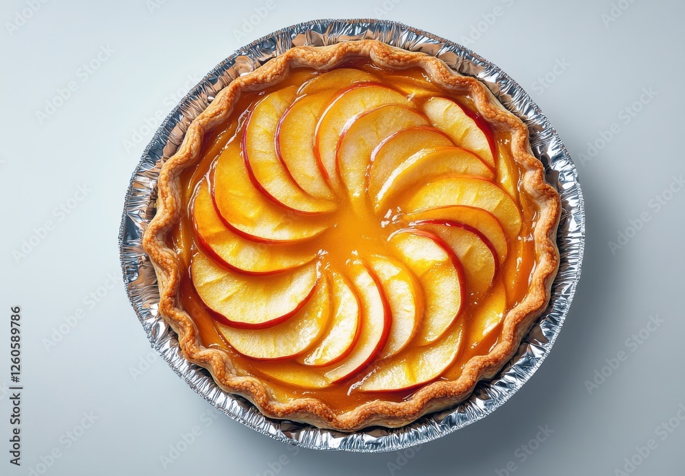 Fototapeta premium Freshly Baked Apple Pie with Glazed Slices on a Silver Foil Pie Dish Ready for Serving and Enjoying in a Natural Light Setting