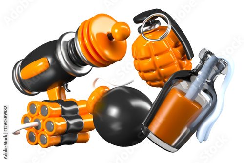 Vector composition of weapons and explosives of various types. Detailed bright elements