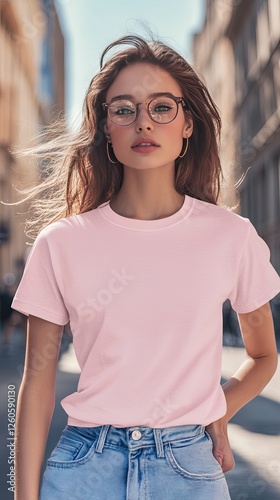 A woman wearing light pink color t shirt mockup; with glasses; on the street; front view