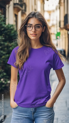 A woman wearing purple color t shirt mockup; with glasses; on the street; front view