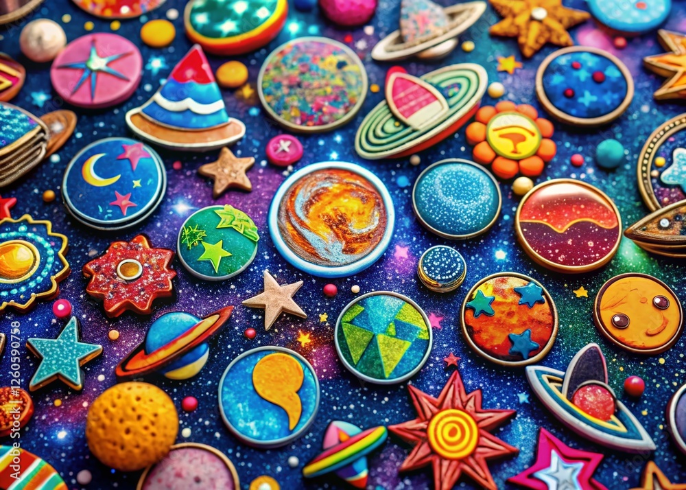 Fototapeta premium Cosmic Childish Patches, Stickers & Pins: Vibrant Galaxy-Themed Accessories