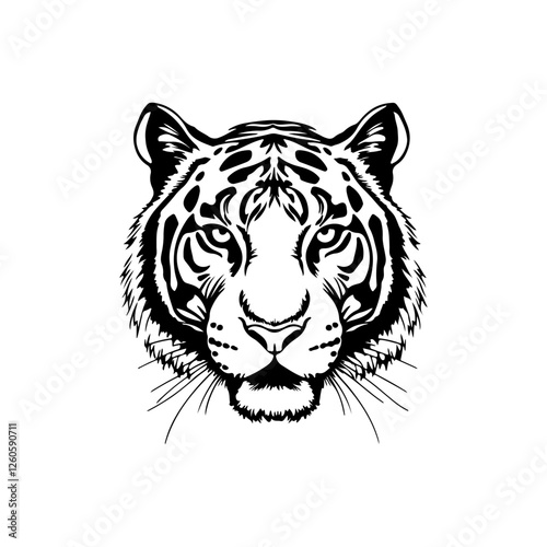 A tiger head sketch. Black and white clip art. Realistic tiger freehand drawing.