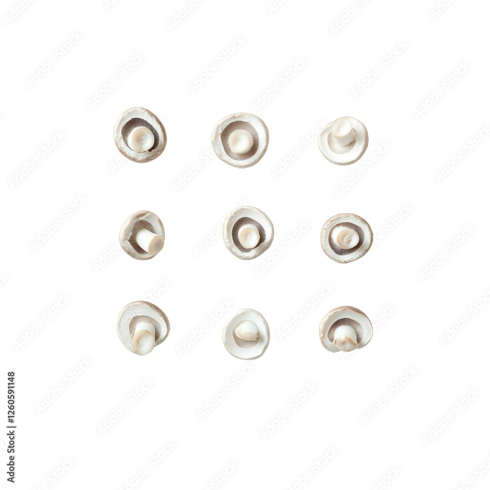 Group of White Mushrooms on Dark Background in Flat Lay Arrangement