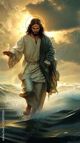 Jesus walking on water, symbolizing faith, miracles, and divine power, creating a peaceful and inspirational visual for spiritual and religious content.