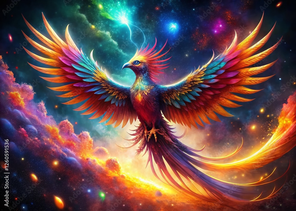 Obraz premium Cosmic Phoenix Rebirth: Vibrant Fantasy Bird Soaring Through Nebula