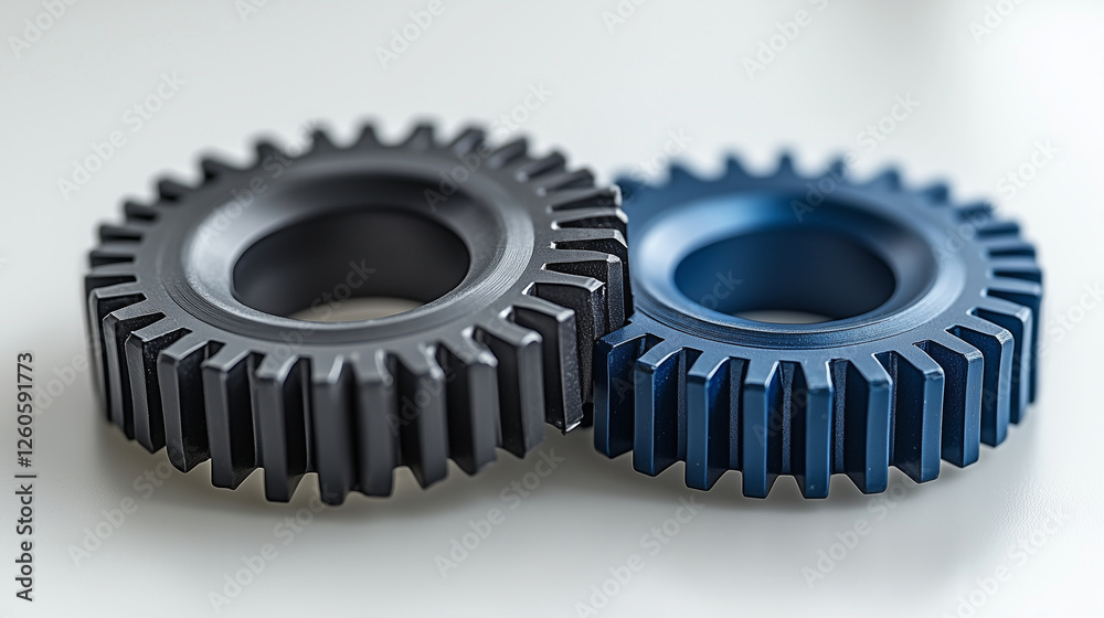 Black and Blue Metal Gears on a Clean White Surface Black and Blue Metal Gears on a Clean White Surface