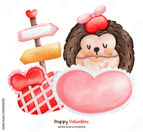 Hedgehog valentine, cute hedgehog holding hearts, surrounded by Valentine decorations and signs. Perfect for romantic themes and celebrations
