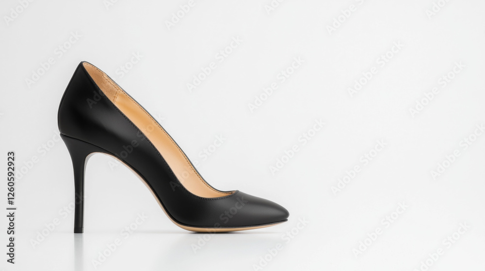 Elegant black high heel shoe displayed against a clean white background Elegant black high heel shoe displayed against a clean white background