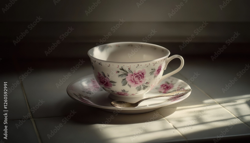Delicate teacup with roses sits on a saucer with spoon Delicate teacup with roses sits on a saucer with spoon