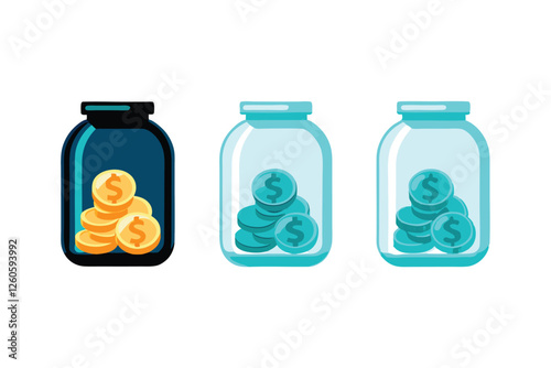 Create a vibrant illustration of several glass jars overflowing with various coins, representing different saving goals.  Include labels and a piggy bank.