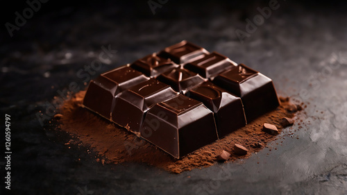 a bar of dark chocolate, with some loose pieces of chocolate and cocoa powder nearby
