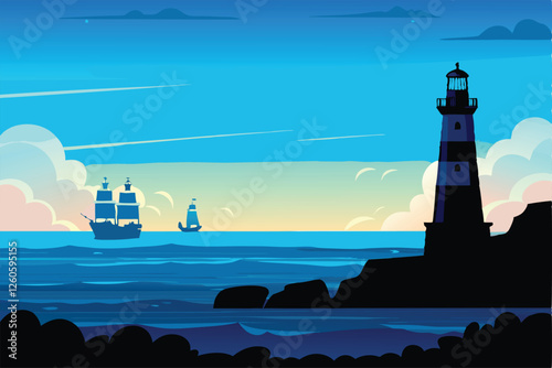 Serene seascape illustration featuring silhouetted lighthouses at sunset, calm ocean waves, nautical theme.