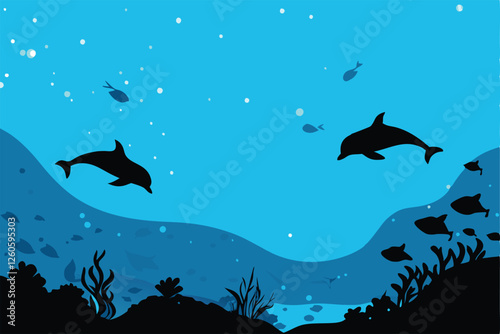 Create a seamless pattern featuring silhouettes of dolphins and various fish against a stylized ocean backdrop.  The design should be elegant and suitable for fabric or wallpaper.