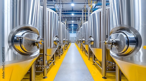 Modern industrial space featuring shiny stainless steel fermentation tanks arranged in a symmetrical layout on a bright yellow floor.