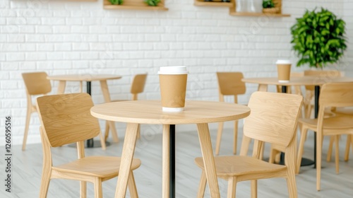Modern Cafe Interior with Wooden Furniture, Coffee Cup on Table, Bright Wall, Green Plants, Minimalist Design