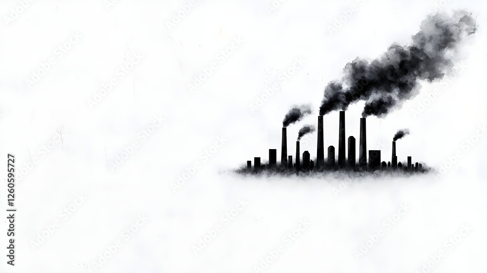 Fototapeta premium Silhouetted factories emit dark smoke against a white background, illustrating industrial pollution and environmental concerns.