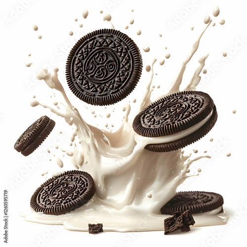 chocolate sandwich cookies in Milk Splash, Delicious Dessert, Isolated Studio Shot, Perfect for Food Photography
