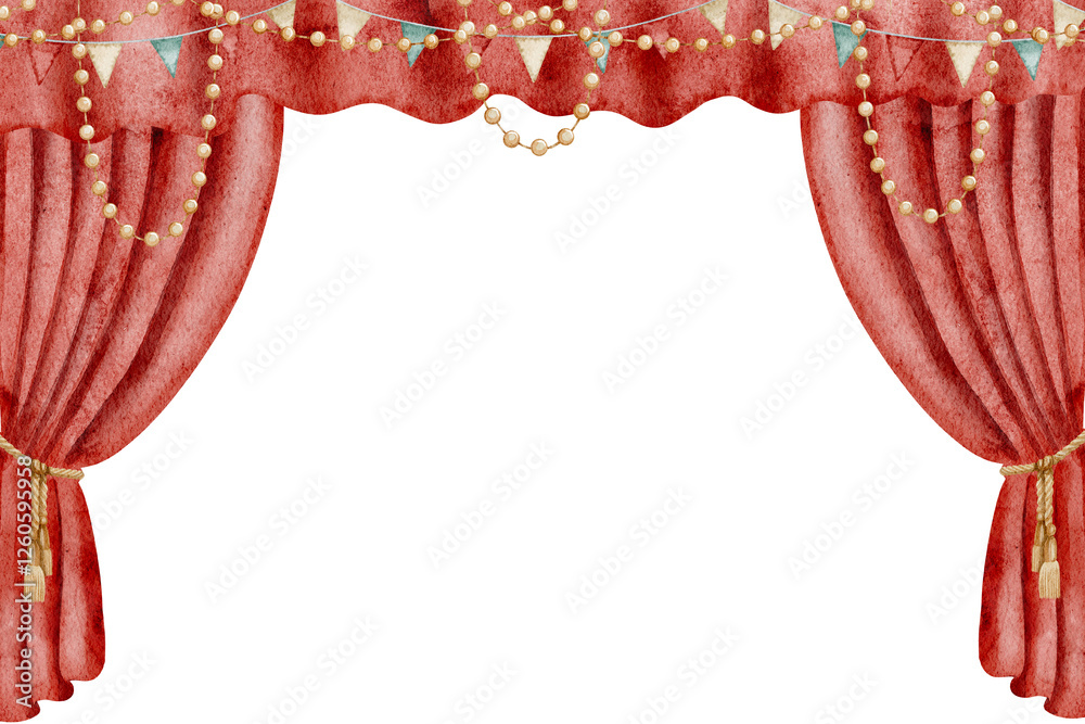 Φωτογραφία Illustration of greeting Card template with watercolor red theatre curtains, bunting and festive circus stage
