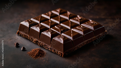 a bar of dark chocolate, with some loose pieces of chocolate and cocoa powder nearby
