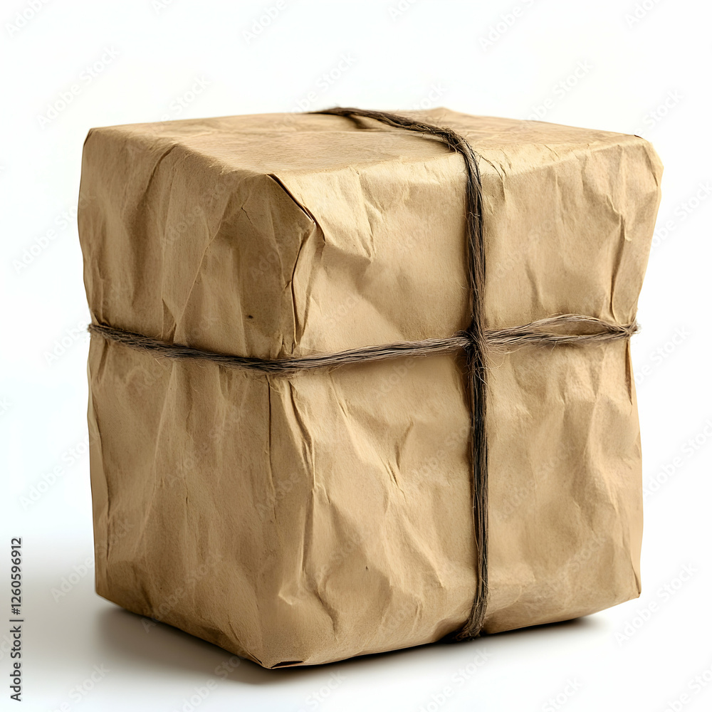 Obraz premium Tied Package, Simple, Brown Paper, White Background, Studio