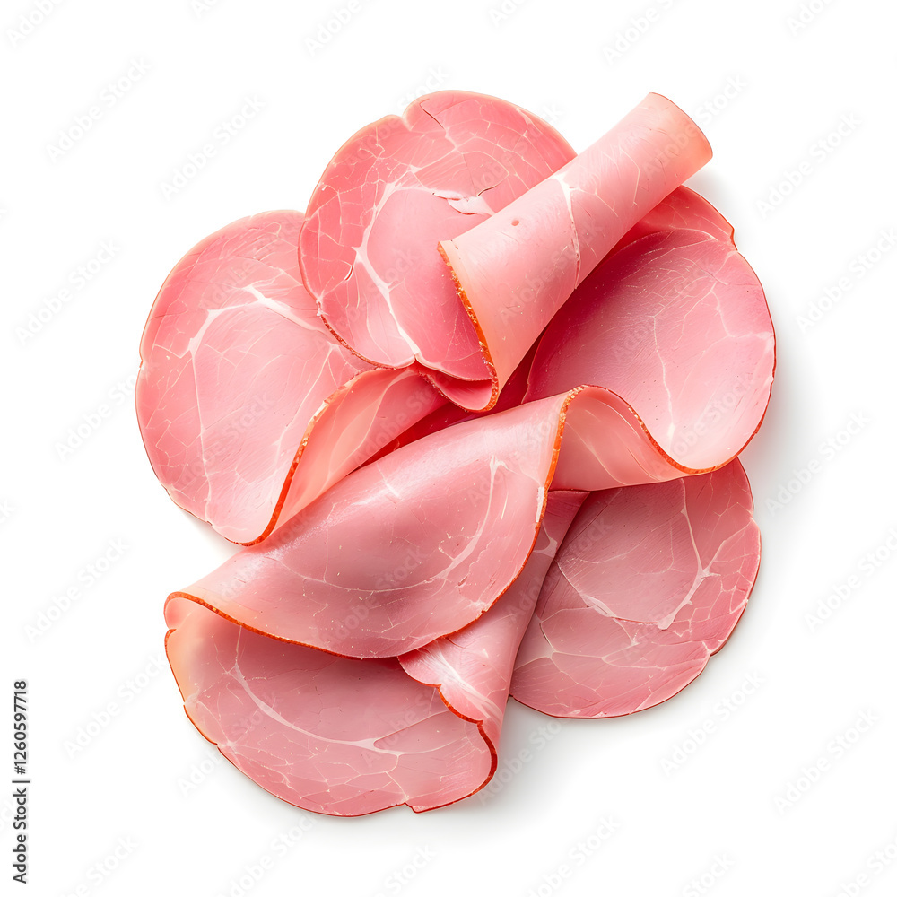 Top view sliced boiled ham isolated on white background Top view sliced boiled ham isolated on white background