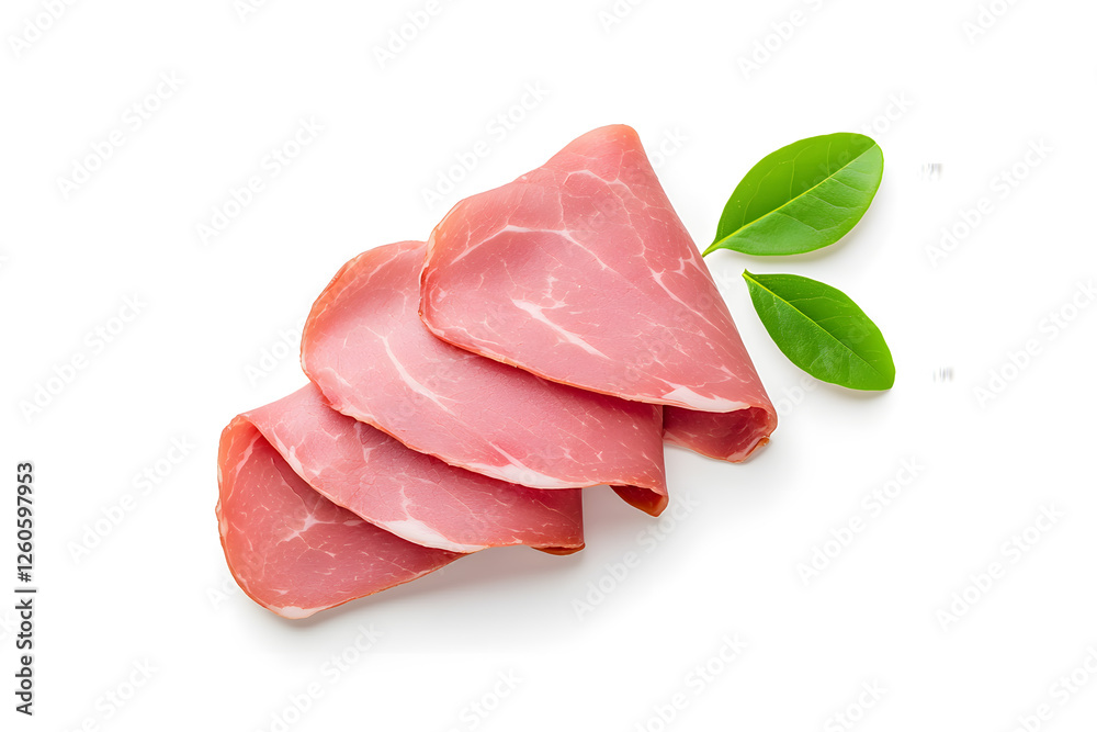 Top view sliced boiled ham isolated on white background