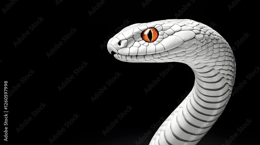 Fototapeta premium White snake with striking orange eyes against a black background, showcasing intricate patterns and a sleek form.